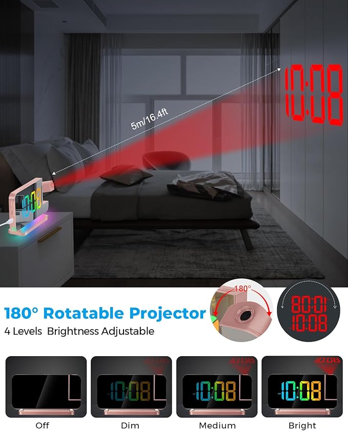 SZELAM Projection Alarm Clock, 7.4 in LED Mirror Digital Clocks Projection on - Image 3
