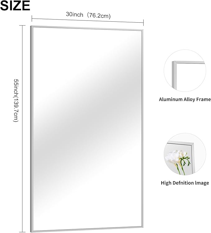 30x55In Silver Bathroom Mirror for Wall, Brushed Nickel Rectangle Mirrors - Image 4
