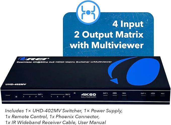 OREI 4K Multi HDMI Viewer Quad 4 in 2 Out, Matrix Switcher 4 Ports Seamless IR - Image 10