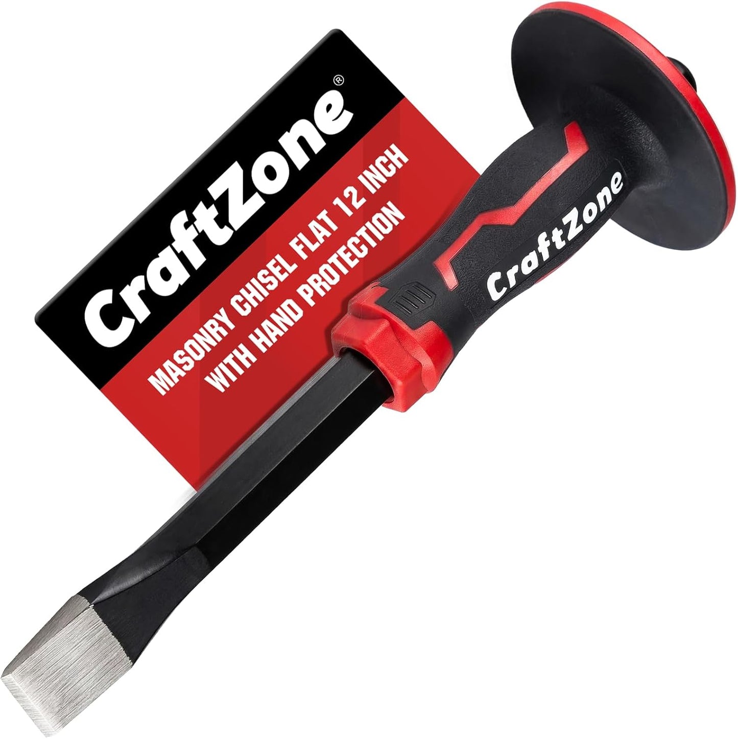 Masonry Chisel, Heavy Duty Flat End Rock Concrete Mortar Stone Brick Chisel with Protective Hand Guard for Breaking Carving Splitting Cutting Mason Tools (12-Inch)