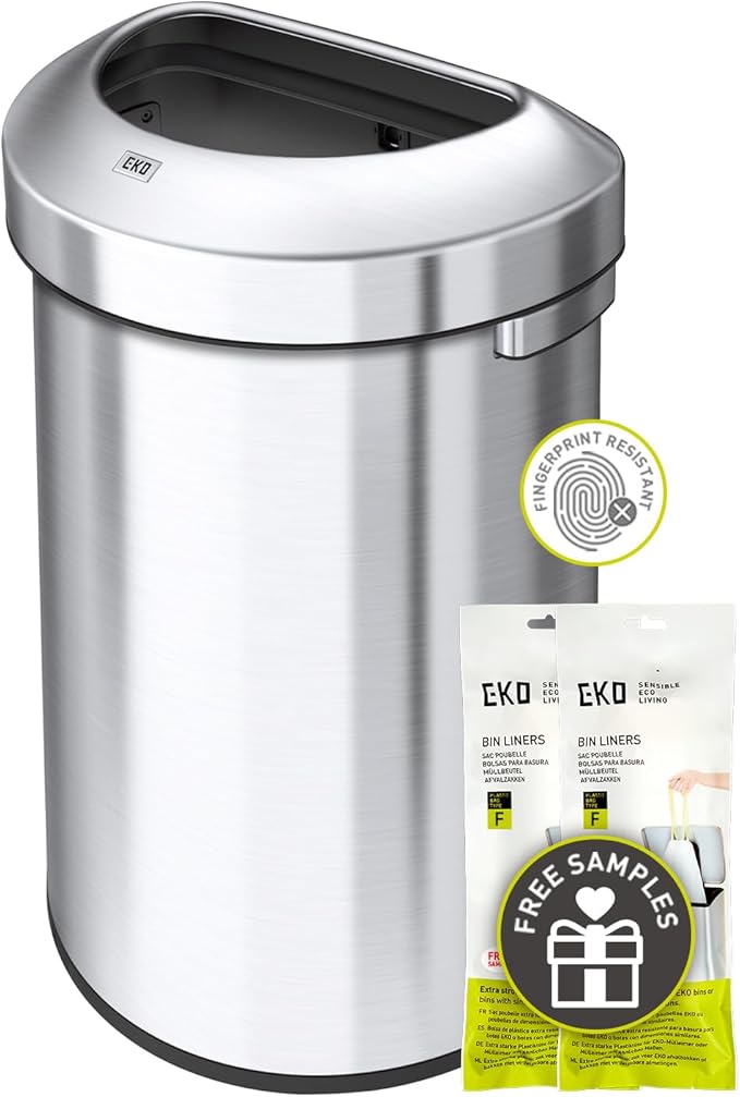 EKO Urban 16 Gallon Semi-Round Open Top Waste Bin, Stainless Steel Half Round by EKO