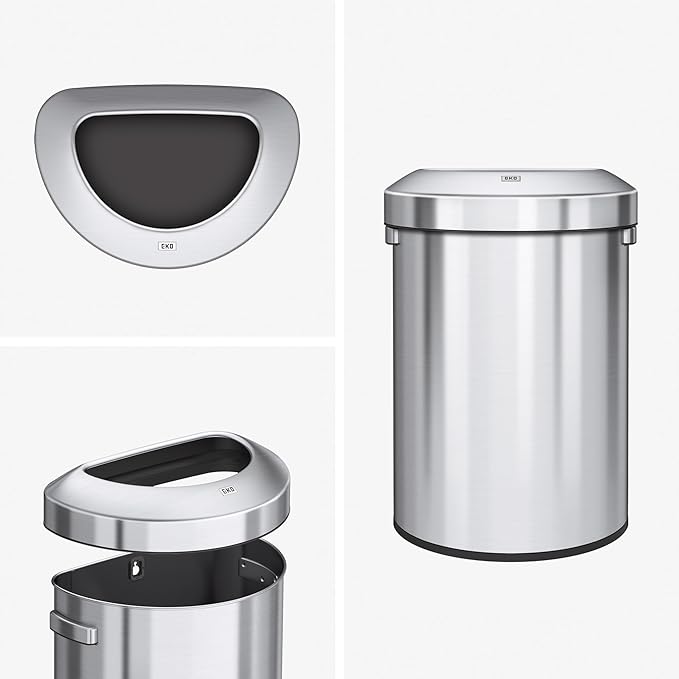 EKO Urban 16 Gallon Semi-Round Open Top Waste Bin, Stainless Steel Half Round - Image 8