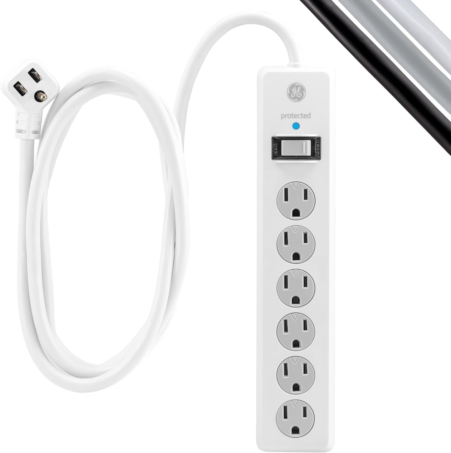 GE Surge Protector Power Strip, 15 Ft Extension Cord, 6 Outlet Extender | 800 Joules, Flat Plug, Twist-to-Close Safety Covers, ETL Listed, White, 50768