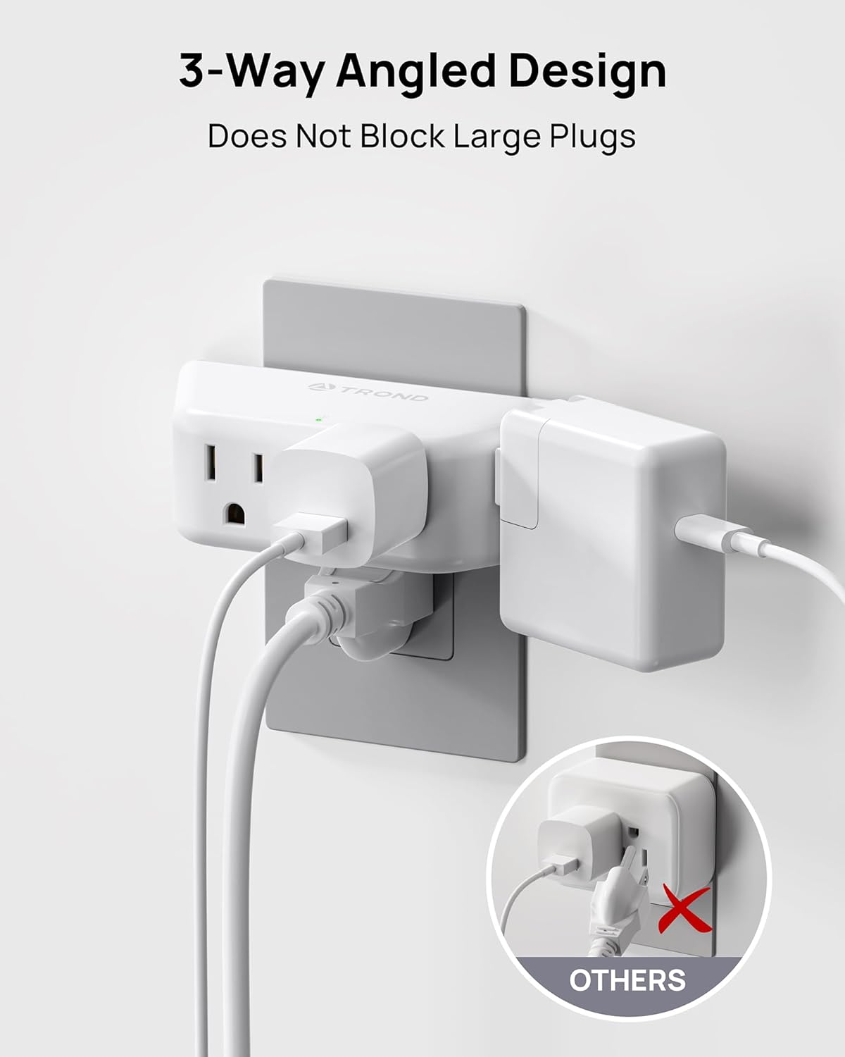 TROND Outlet Extender Surge Protector, Multi Plug Wall Outlet, White | 4 Grounded Sockets, 3 Way Angled Plug Adapter, Space-Saving, 900J, Electrical Wall Splitter for Bathroom Kitchen Office