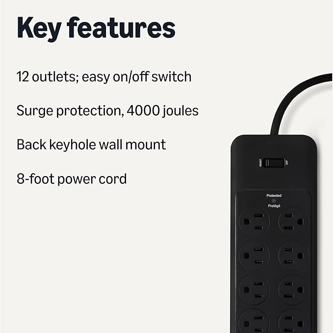 Amazon Basics Surge Protector Power Strip, 4000 Joules, 8ft Extension Cord - Image 2