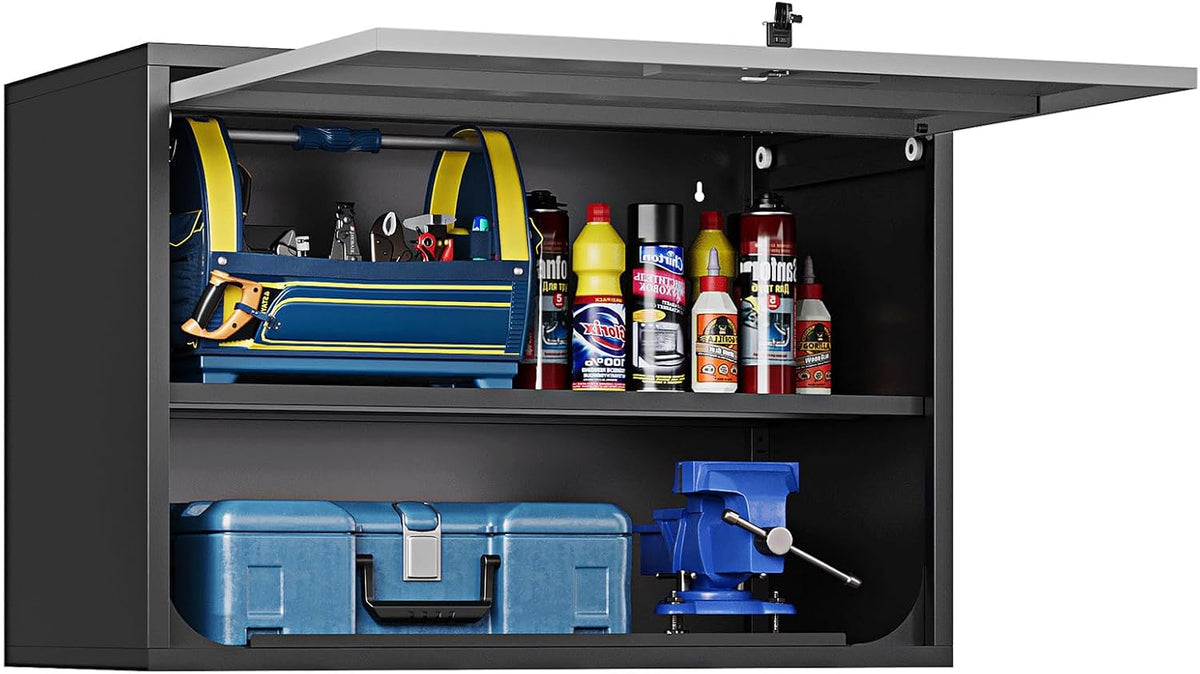 stani metal wall cabinet for garage, floating garage shown in use