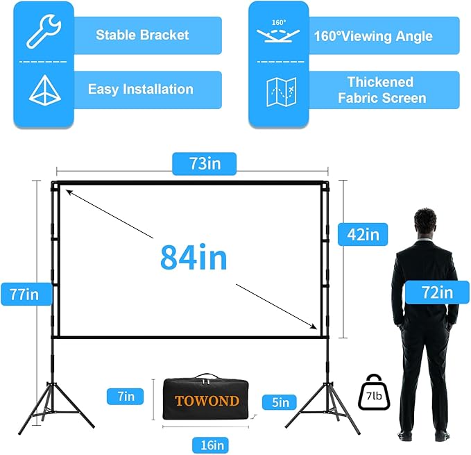TOWOND Projector Screen with Stand, 84 inch Outdoor Projector Screen Portable - Image 5