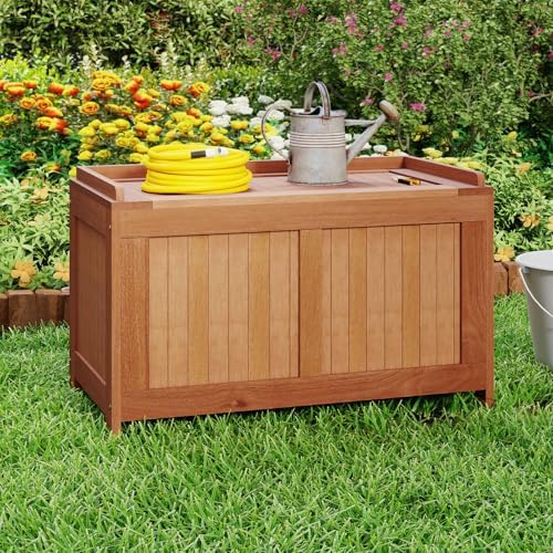 relax4life wood deck box, 52 gallon backyard storage shown in use