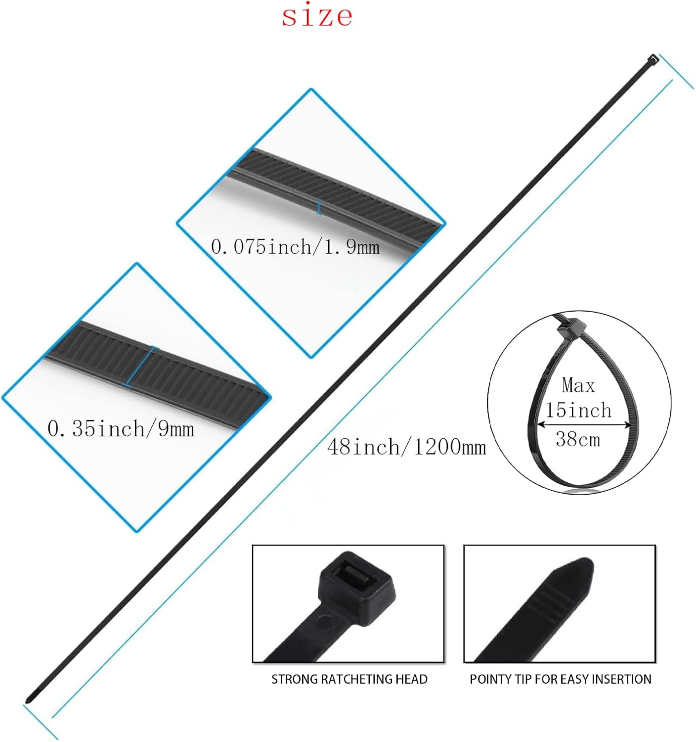 48 Inch Extra Long Zip Ties Heavy Duty For Outdoor Use,175 Pounds Tensile Strength,UV Resistant,15 Pieces,Black