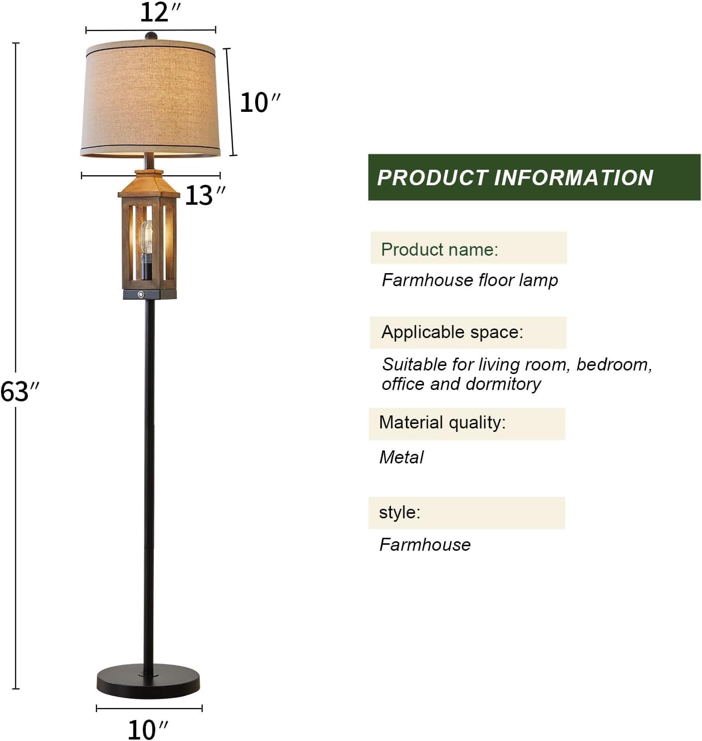 G-SAFAVA 63" Farmhouse Floor Lamps for Living Room Bedside Nightstand Lamp Black Tall Standing Lamp for Home Decor Bedroom Reading Wood Lamp Rustic Bed Lights with 2 Light Sources