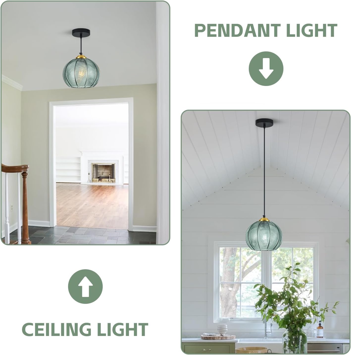 Gray Green Glass Pendant Lights Kitchen Island 2 Pack 7.87 in Hand Blown Glass Globe Pendant Light Fixtures Modern Pendant Lighting for Kitchen Island Bedroom Dining Room