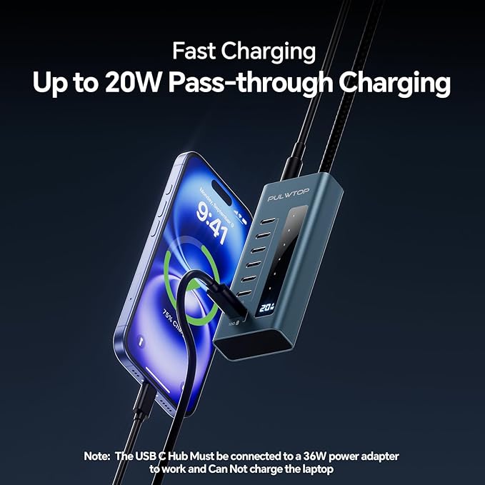 USB C Hub for Laptop, PULWTOP 7 in 1 10Gbps USB Adapter Support Data & Charging - Image 3