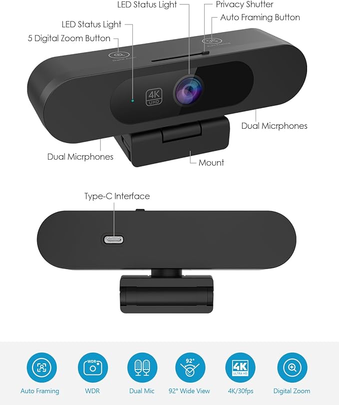 MOERTEK 4K Webcam for PC, Ultra 4K HD, AI Auto Framing, Webcam for Streaming - Image 6