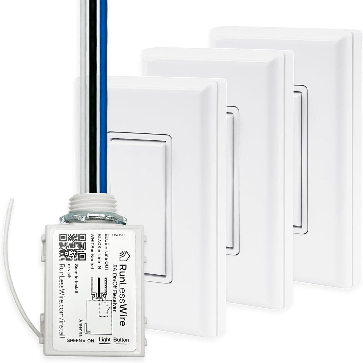 RunLessWire 4-Way Battery-Free DIY Wireless Light Switch Kit 150ft RF Range