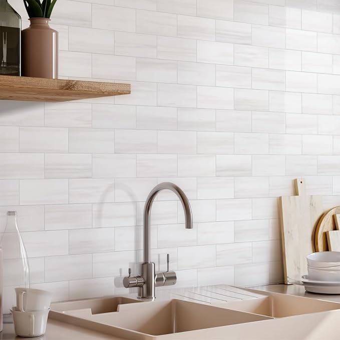 Vamos Tile 100-Piece Glossy Dolomite White Peel and Stick Backsplash Tile - Image 7