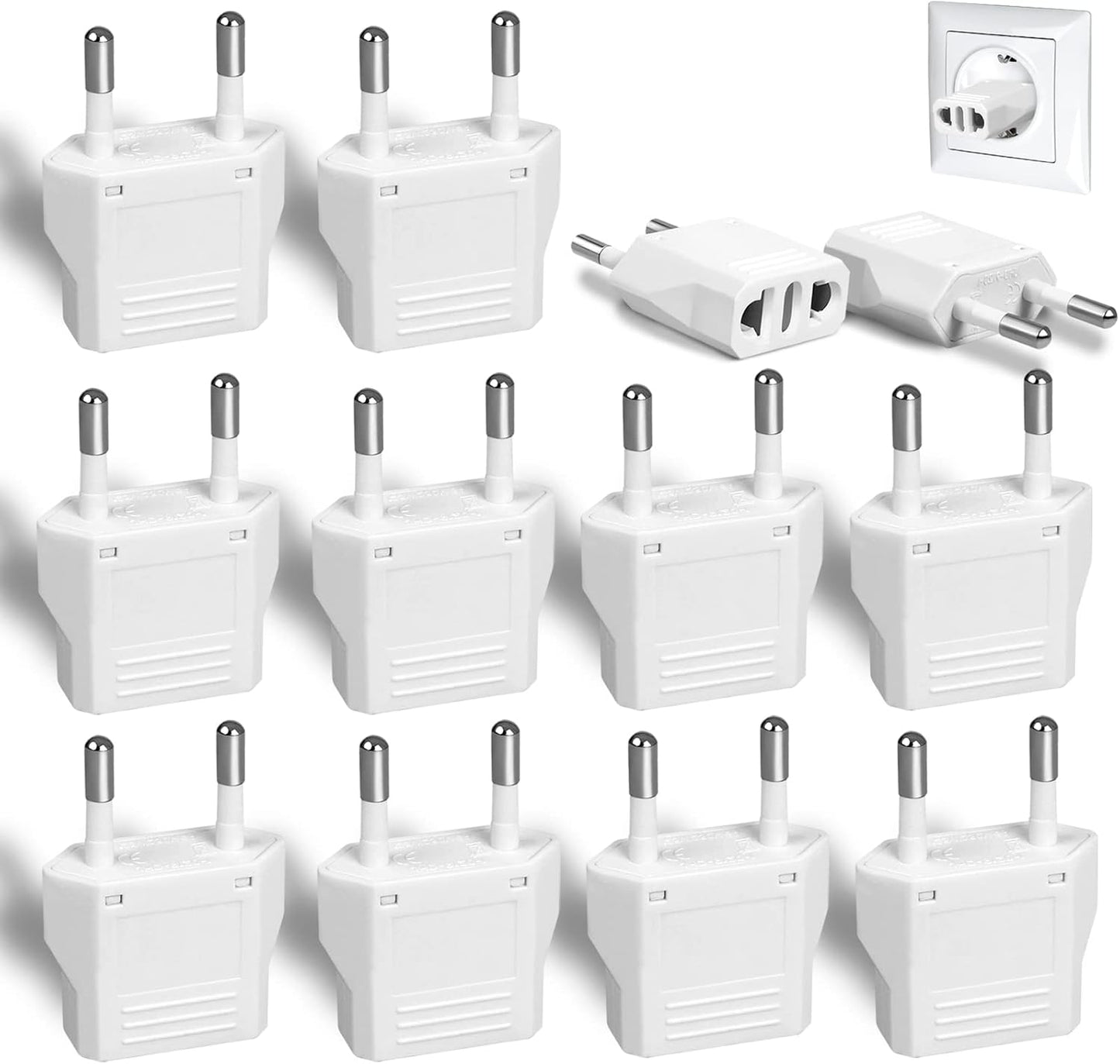 12 Pack White US to Europe Travel Adapter - Type C Plug Adapter for European Outlets