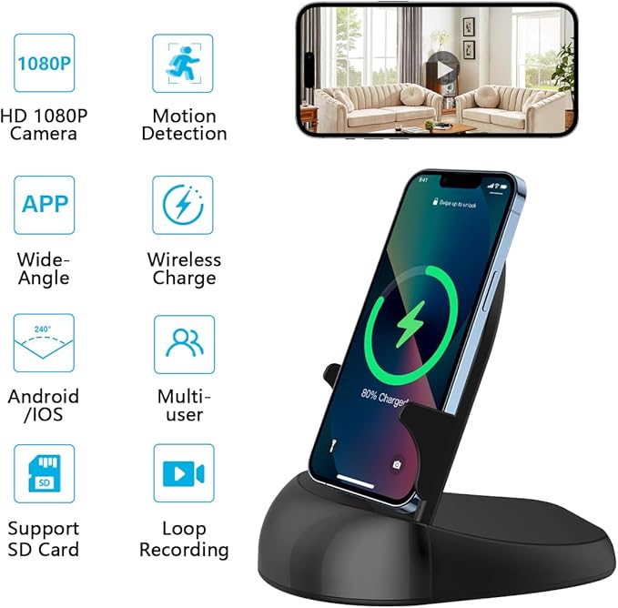Alkaenum FHD 1080p Dome Camera WiFi Wireless Phone Charger, Indoor Security - Image 2