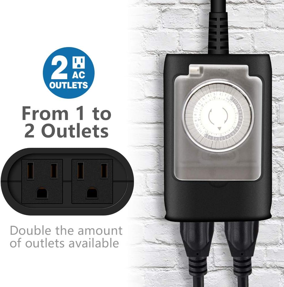 KASONIC Outdoor Light Timer Outlet, 24 Hour Mechanical Plug in Timer Switch | Heavy Duty Waterproof 2 Grounded Outlet for Home Garden Pool Pump, ETL Listed