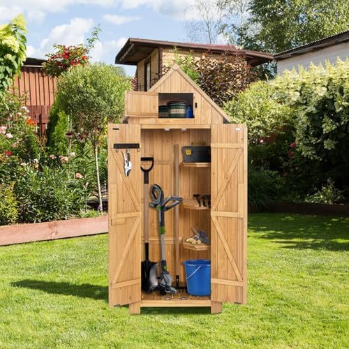 wooden outdoor storage shed with double doors,70” tall, front angle view