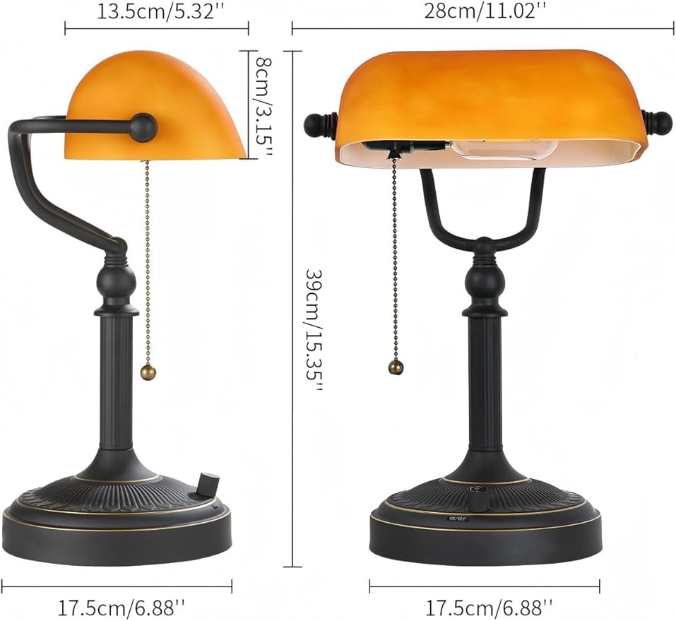 Newrays Matted Amber Glass Bankers Desk Lamp, Stepless Dimmable Table Lamp Plug - Image 5
