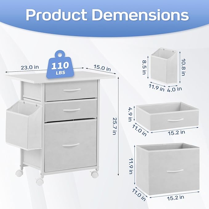 Printer Stand with 3 Fabric Drawer, Mobile File Cabinet - Image 3