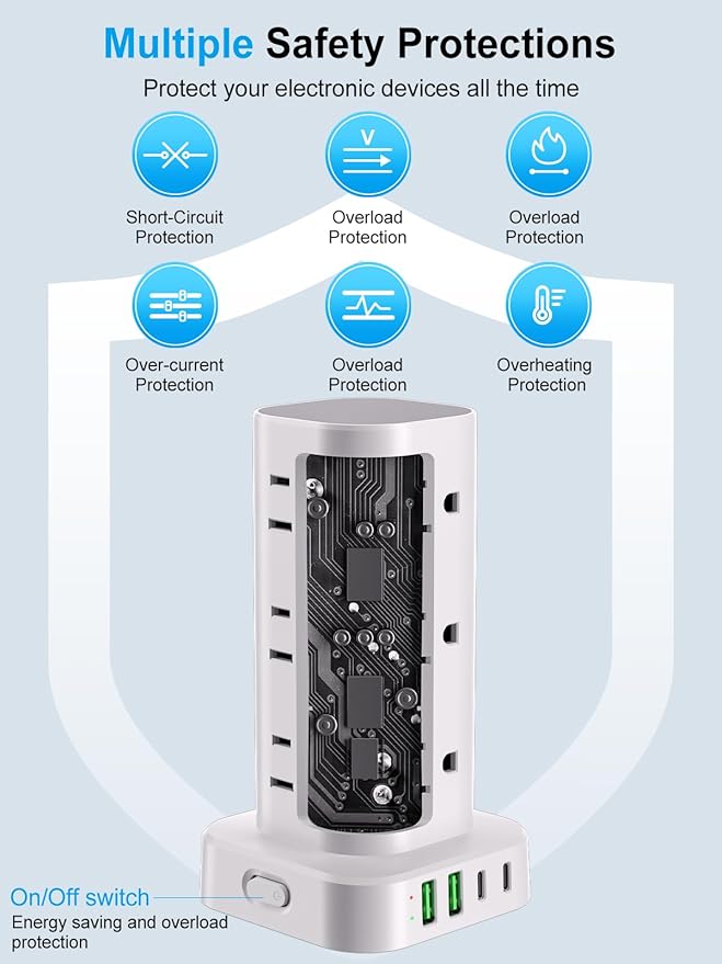 Power Strip Tower with Multiple Outlets, Flat Plug Surge Protector Tower - Image 7