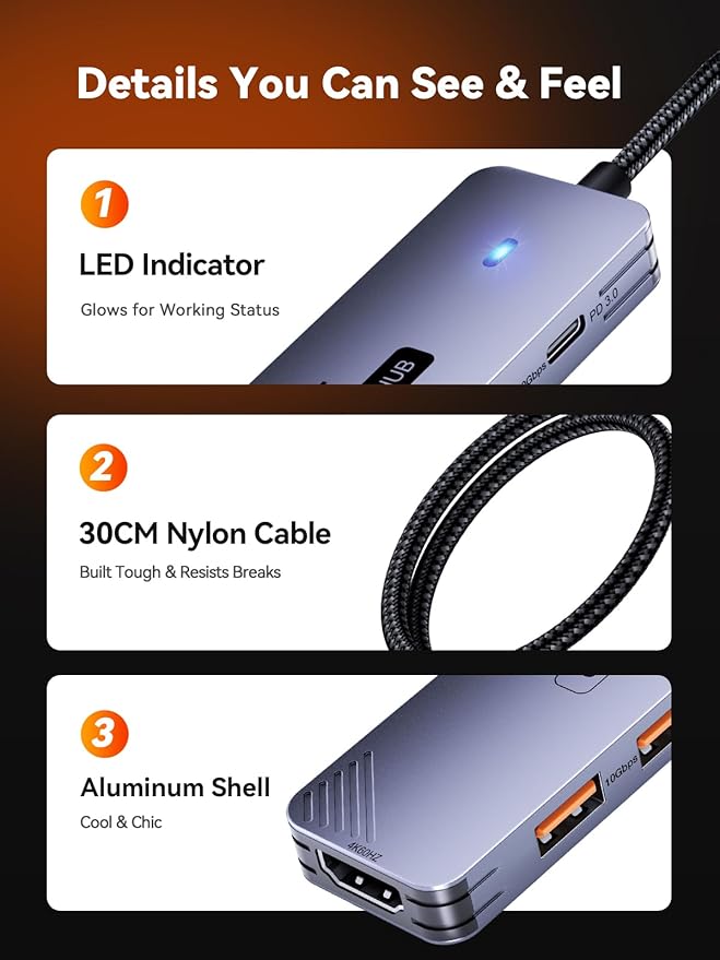 QUUGE USB C Hub 10Gbps, 6-in-1 Aluminum Multiport Adapter - Image 6