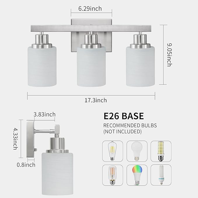 DIKAIDA 3-Light Bathroom Light Fixtures, Nickel Vanity Light, Modern Bathroom - Image 3