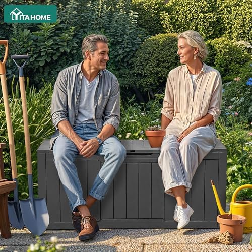 yitahome 80 gallon resin deck box shown in use