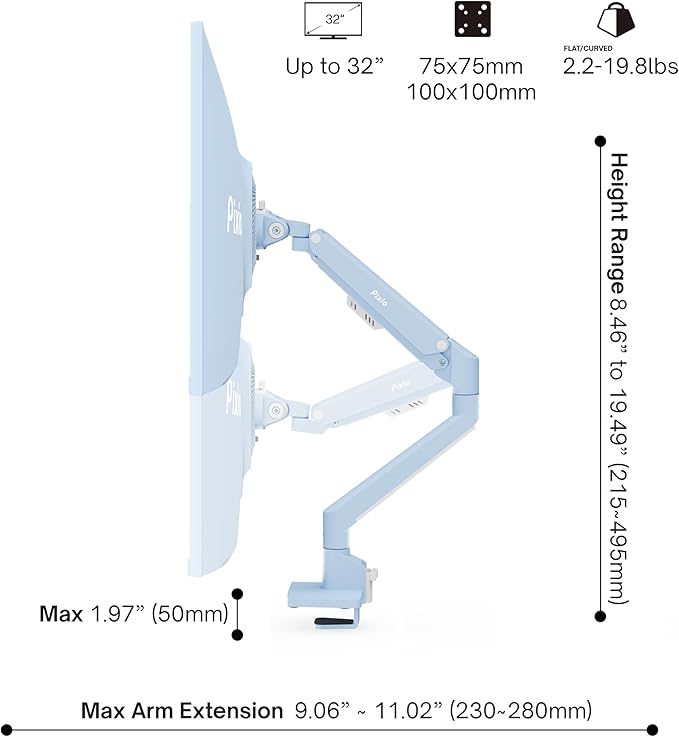 Pixio PS1S Wave Blue Single Monitor Arm Stand Desk Mount - Image 4