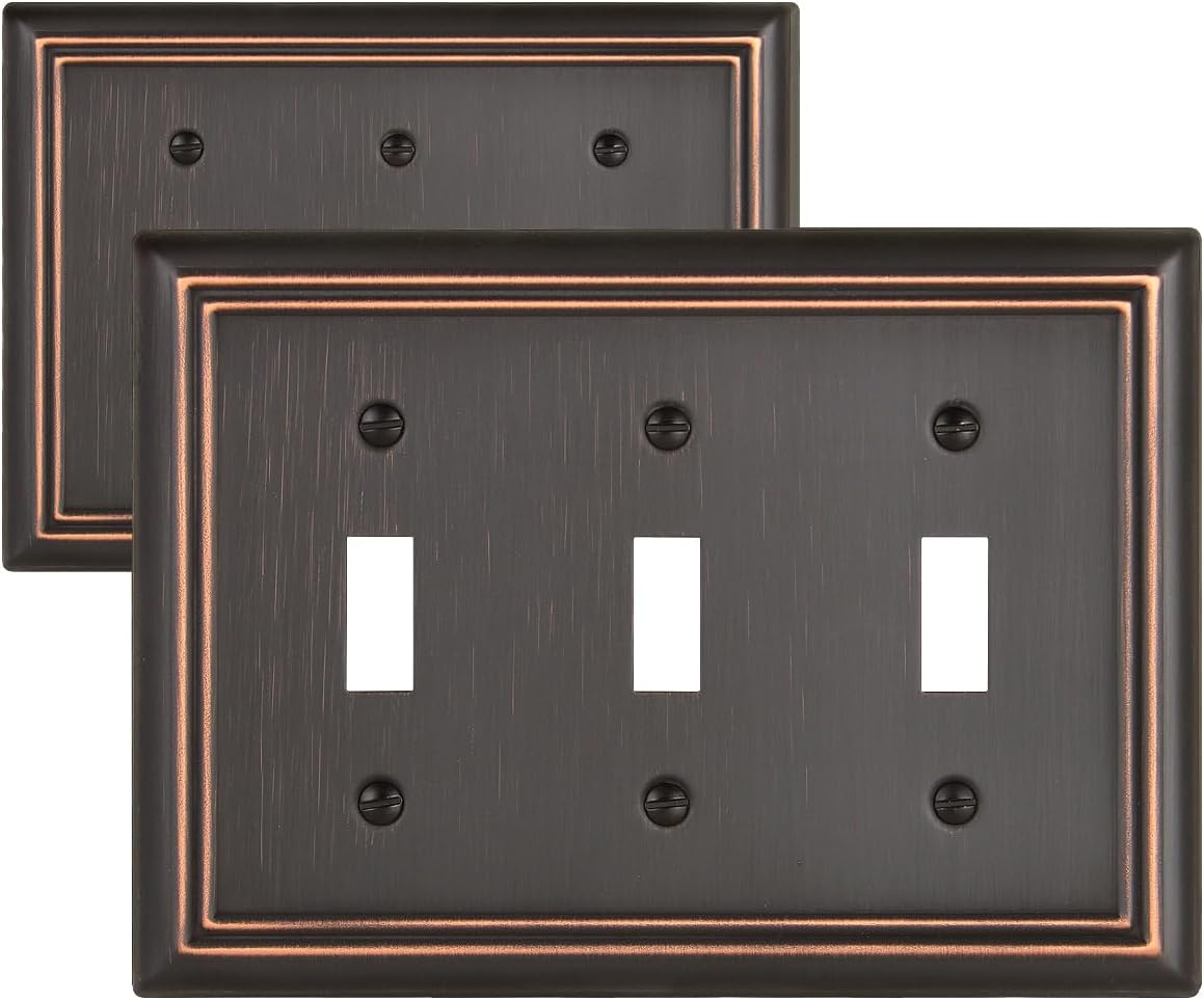 Switch Plates Outlet Covers, 2-Pack Metal Wall Plates, Aged Bronze | Midsize Triple Light Switch Cover Plate for Toggle Switch, Rotary Dimmer Switches, Ideal for Kitchen Bedroom Bathroom Nursery