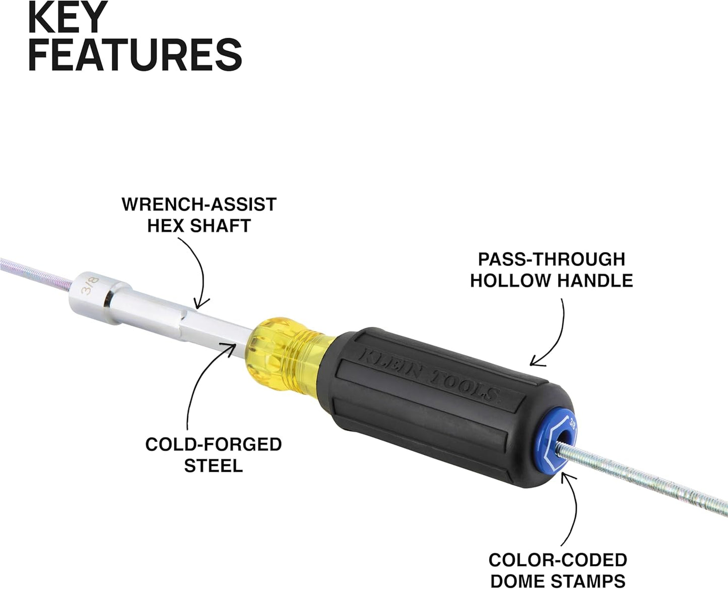 Klein Tools 65438 Heavy-Duty Hollow Shaft Nut Driver, Color-Coded 3/8-Inch Hex, Pass Through Design, 6-Point Socket, and Cushion-Grip Handle