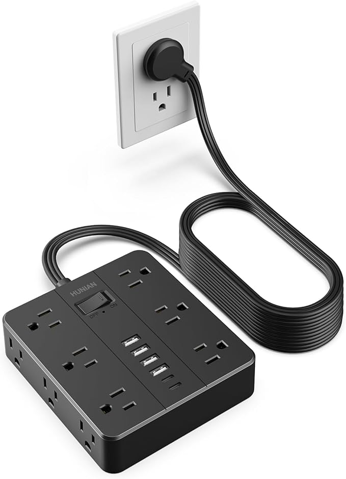 Extension Cord 25 Ft, HUNIAN Flat Plug Power Strip Surge Protector, 12 Widely by HUNIAN