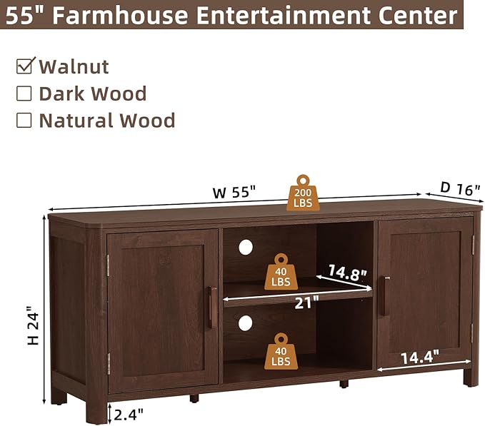 Joaxswe Farmhouse 55" Entertainment Center, Dark Walnut Tv Stand - Image 2