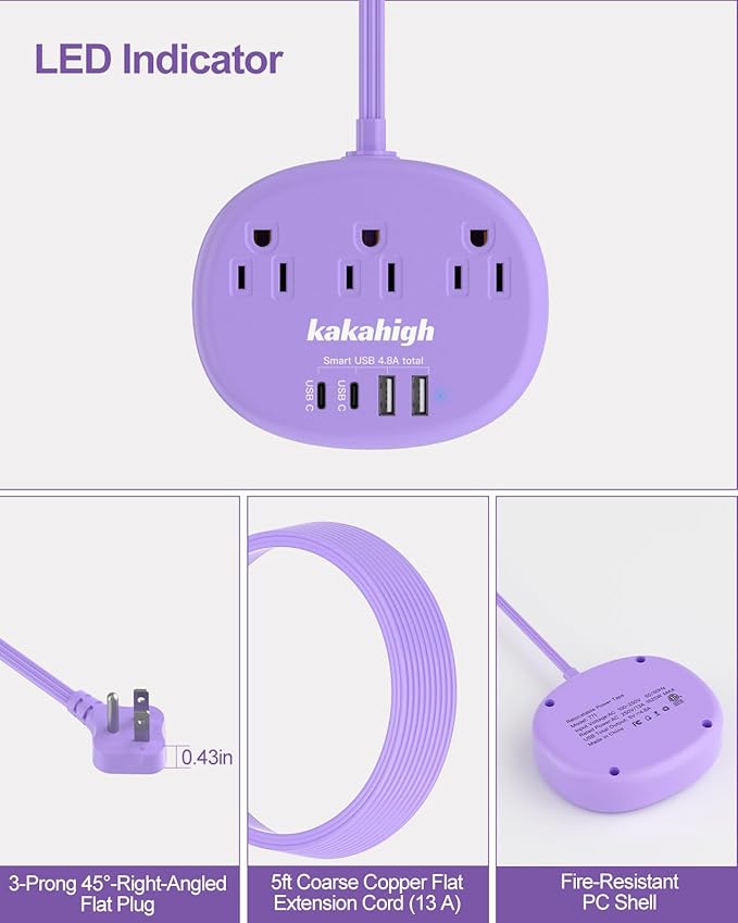 Purple Extension Cord with Surge Protected 1080J - 5 FT Flat Power Strip - Image 3