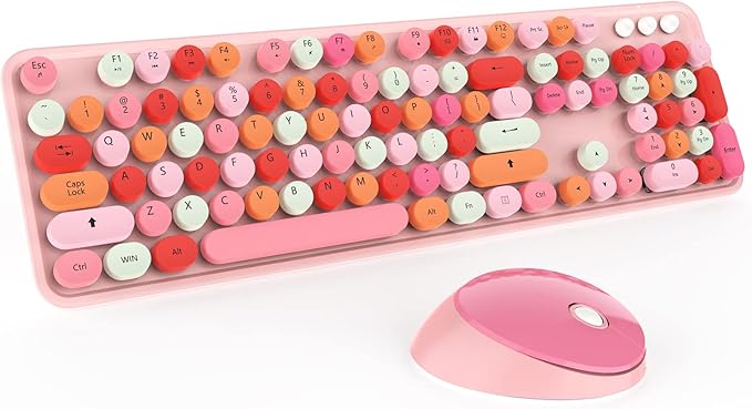 KOOTOP Cute Pink Wireless Keyboard and Mouse, 2.4G Retro Round Keycap by Kootop