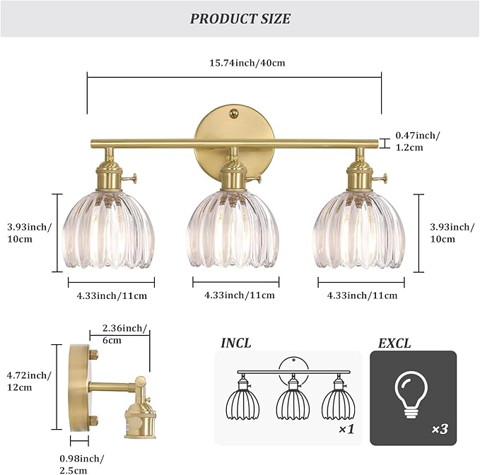 Shenmoyl Bathroom Light Fixtures, 3-Light Brass Vanity Wall Light Over Mirror - Image 5