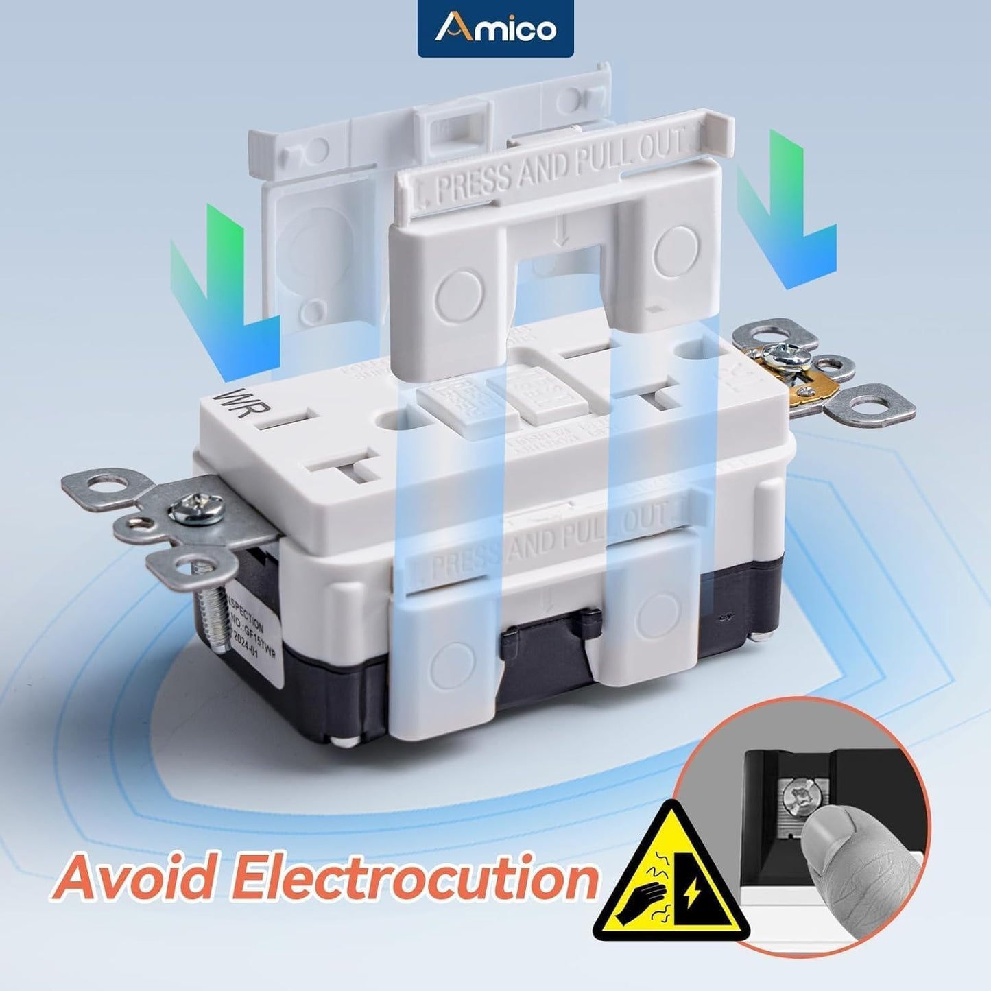 Amico GFCI Outlet 20 Amp, 12 Pack, White, Weather Resistant(WR) | ETL listed, self-test with LED indicator, thinner design, indoor or outdoor, plates and screws included