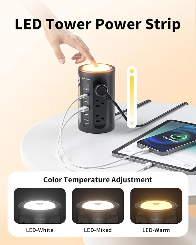 AnnTane Power Strip Tower with Night Light, Power Strip Surge Protector with - Image 4