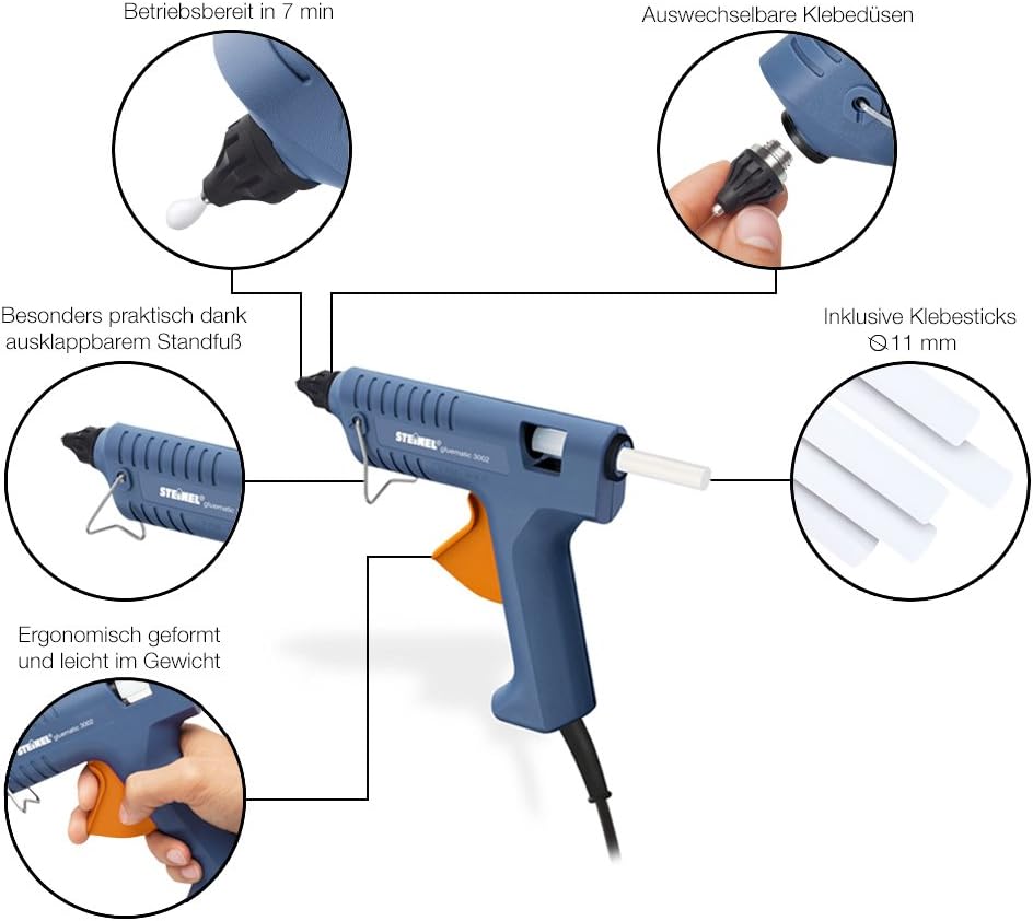 Steinel Gluematic 3002 - hot-melt glue gun with PTC heating technology, delivery rate of 16 g/min, incl. 3 ULTRA power glue sticks 11 mm, for home, hobby and trade operations, 332717