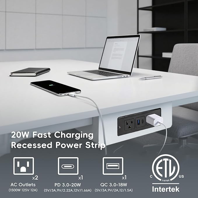 Havorbit 20W Recessed Power Strip USB, 2 AC Outlets + 1 USB-C + 1 USB-A Ports - Image 2