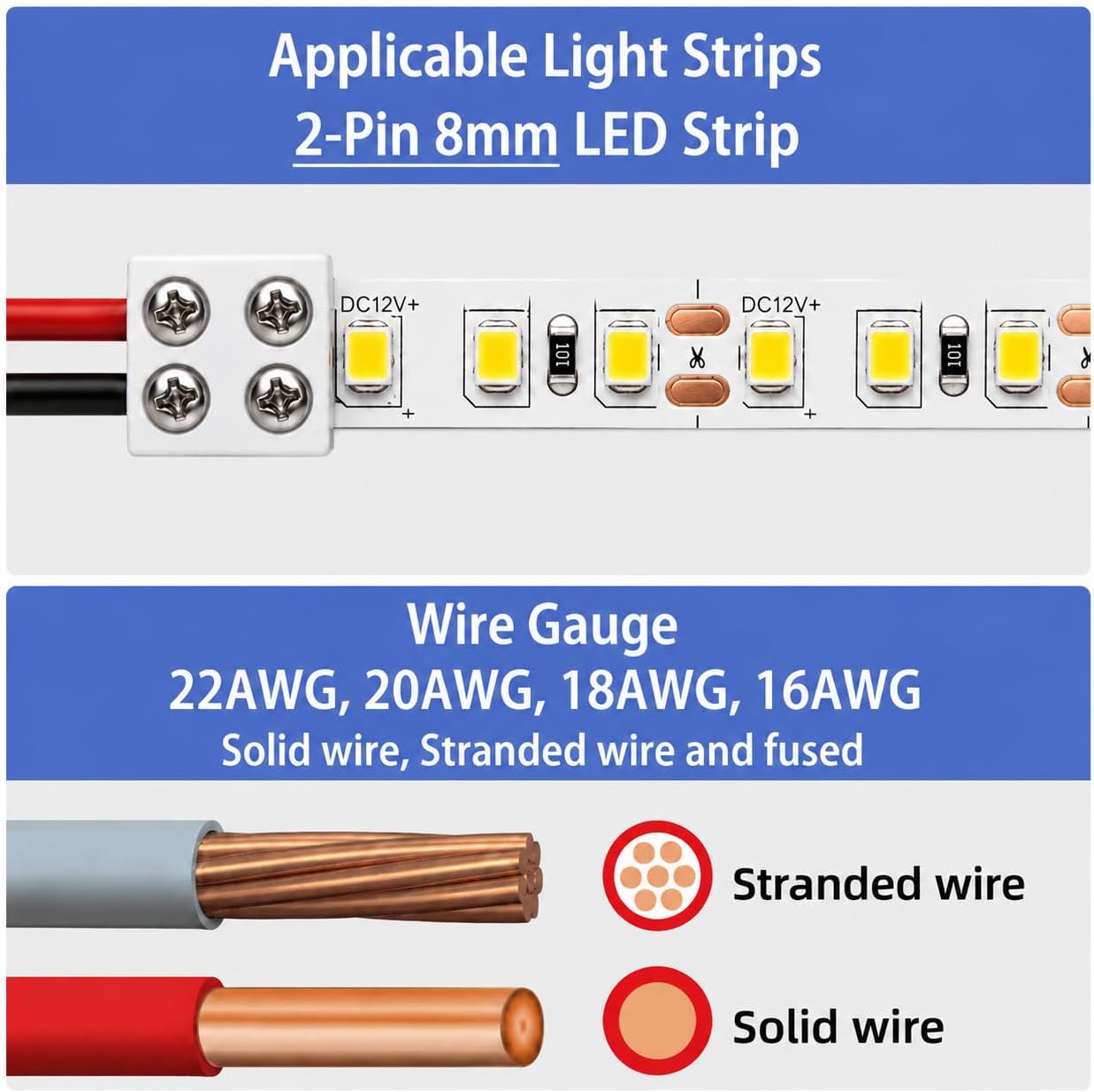 25 Pack 2 Pin 8mm LED Strip Connectors, Solderless Screw Terminal LED Light Strip Connectors with Adhesive Pads, Wire to Strip Connector for 5V 12V 24V