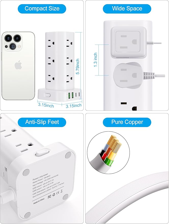 Power Strip with Wireless Charger, Flat Plug Surge Protector with 10FT - Image 7