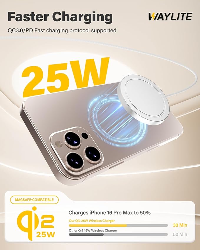 25W Magnetic Wireless Charger for iPhone 17/16, Qi2 Fast Charging Pad for - Image 2