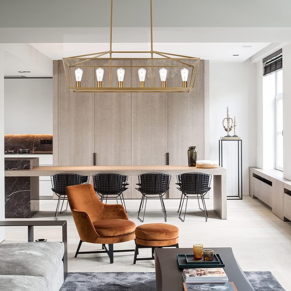 BONLICHT Farmhouse Chandeliers Gold 6 Light Modern Linear Dining Room Pendant Lighting Traditional Rectangular Kitchen Island Lantern Light Fixture Classic Ceiling Light with Adjustable Rods