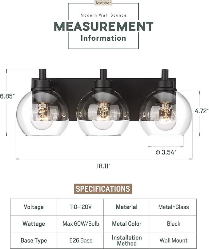 METWET Bathroom Light Fixtures, 3-Light Matte Black Vanity Light, Modern Wall - Image 2