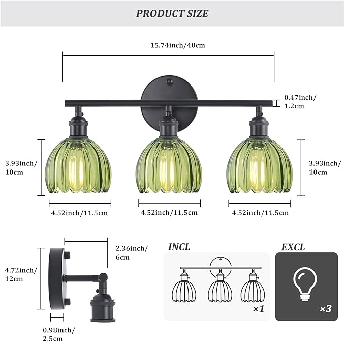 Shenmoyl Bathroom Light Fixtures, 3-Light Black Vanity Wall Light Over Mirror - Image 5