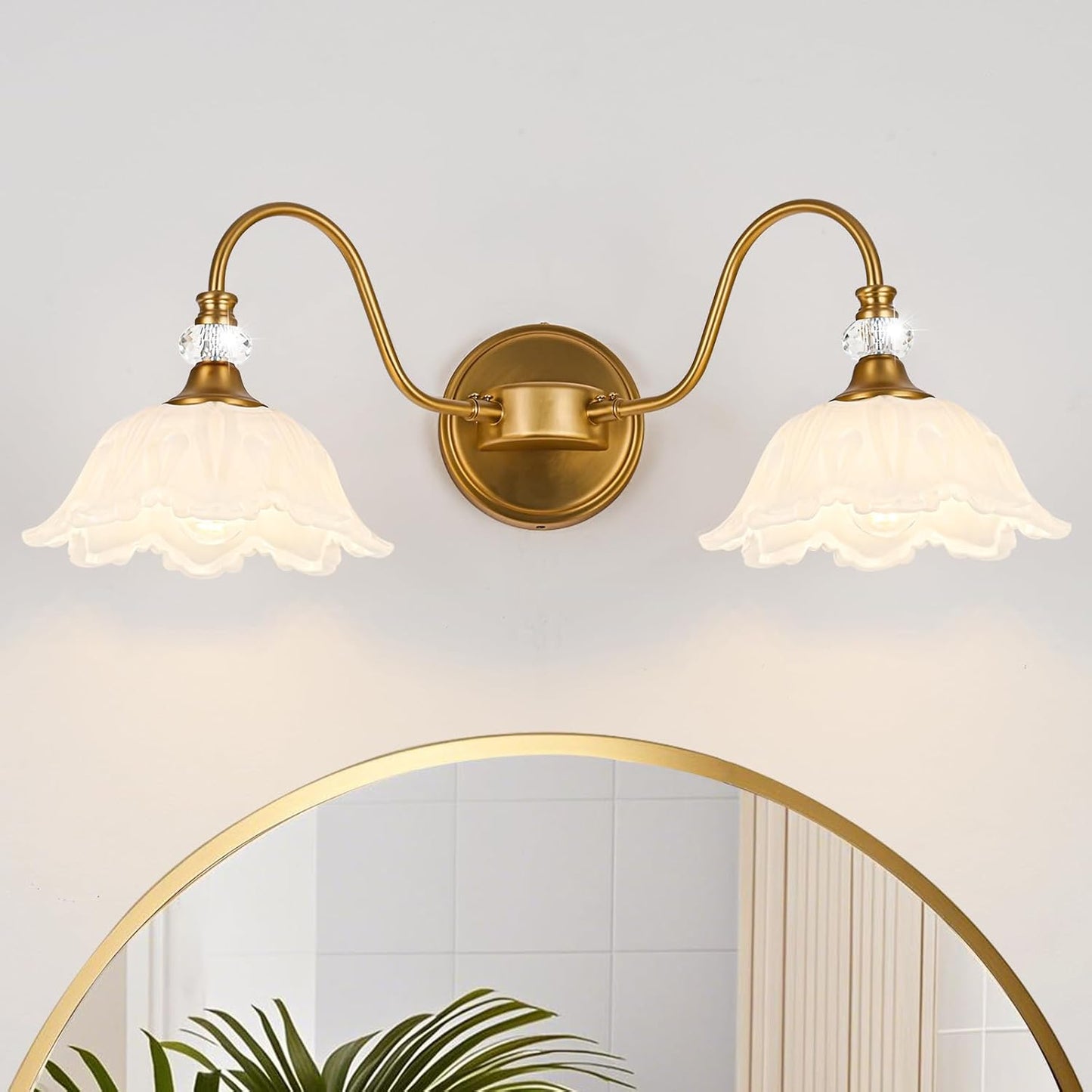 Vintage Bathroom Vanity Light, 2-Light Matte Brass Finish Vanity Light with Floral White Glass Shades, Retro Wall Sconce for Bathroom, Dressing Table