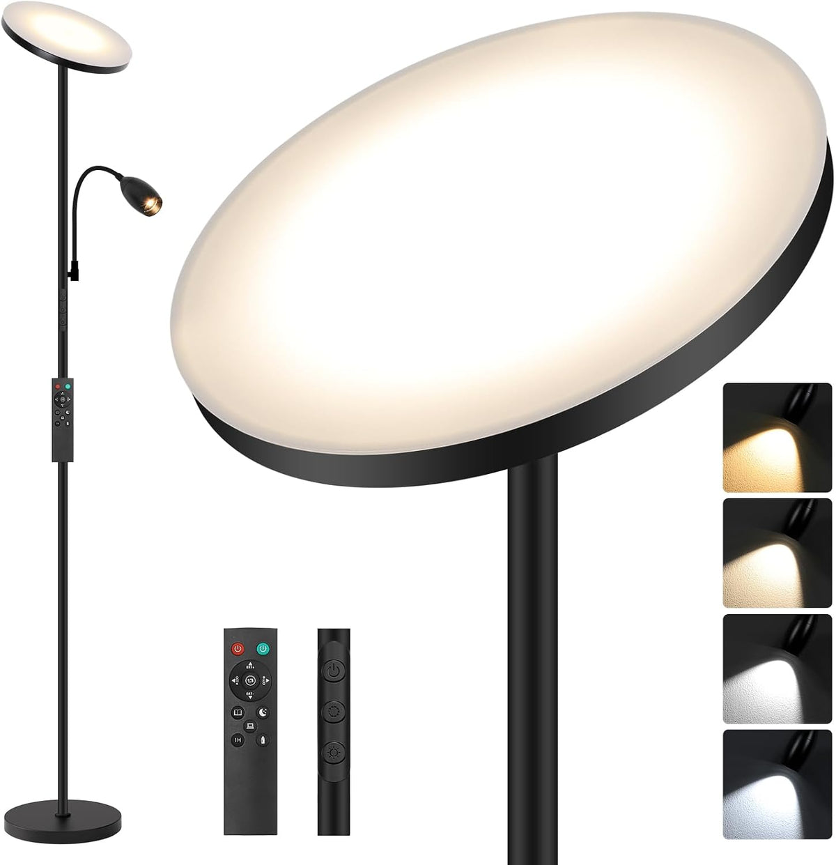 LED Torchiere Floor Lamp with Gooseneck Reading Light, Remote Control Standing