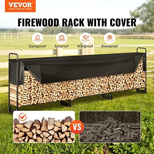 vevor 12.7ft outdoor firewood rack with cover, firewood shown in use